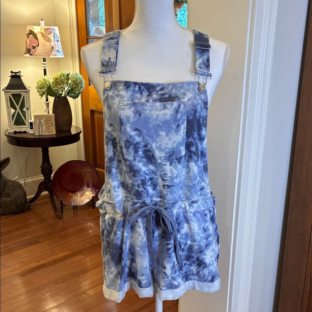Full Circle Trends Blue Tie-Dye Overalls with Pull Tight Waist and Stitched Hem